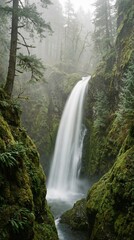 Fototapeta premium A tall waterfall flows through a lush, green moss-covered rocky gorge surrounded by dense fog and evergreen trees in a misty forest.