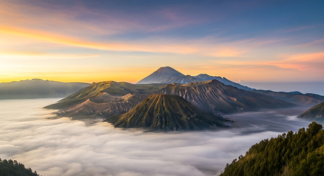 Panoramic sunrise at Mount Bromo with Mount Semeru in background