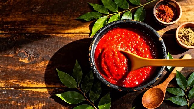 Red sauce in bowl with spices and leaves