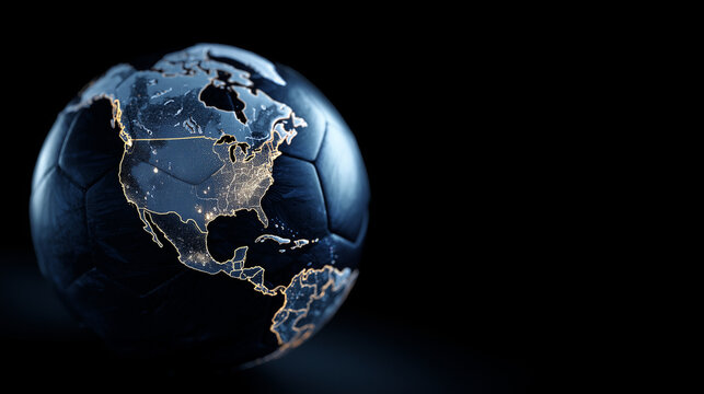 Soccer ball with glowing world map highlighting USA, Canada and Mexico, global unity and international tournament concept with modern advertising style and copy space