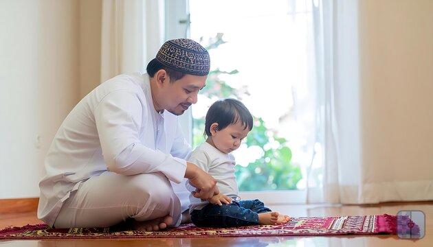 A Muslim father gently teaches his young child how to pray on a prayer mat in a brightly lit room, fostering a sense of faith and family bonding.