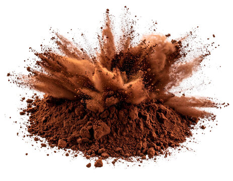 Rich, dark powder explodes outward in a dynamic, dramatic cloud against black