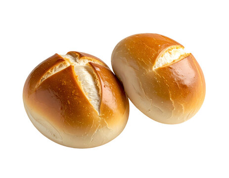 Two golden-brown, crusty bread rolls with distinctive cross-shaped cuts