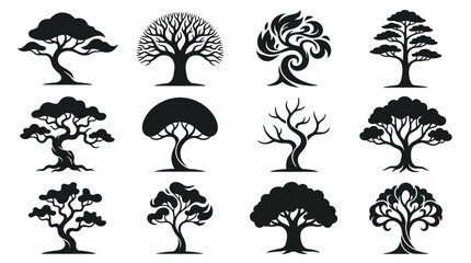 Fototapeta premium Elegant and Diverse Collection of Stylized Tree Silhouettes, Offering Unique Design Concepts for Visual Branding and Creative Graphic Art Applications