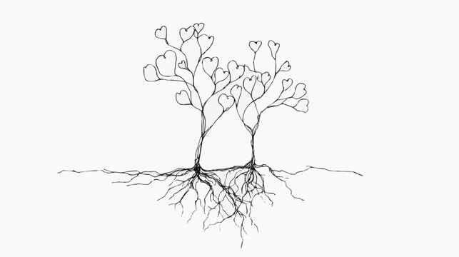 Minimal continuous line drawing of intertwined roots and heart-shaped leaves, suitable for nature-themed designs, ecological concepts, or romantic illustrations.