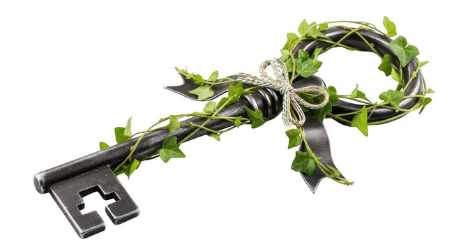 Vintage key wrapped in green ivy and silver bow w isolated on transparent background