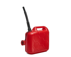 Czerwony plastikowy pojemnik, baniak na białym tle. © piotrszczepanek