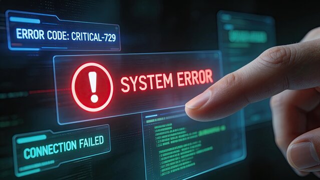 Futuristic hand interacting with holographic interface displaying system error connection failed warning critical code red alert icon digital screen cybersecurity threat technology concept