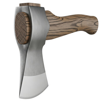A wooden-handled axe with a silver-colored metal head resting on a stump isolated on transparent background