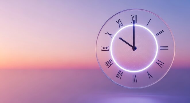 Glowing clock at sunset background.