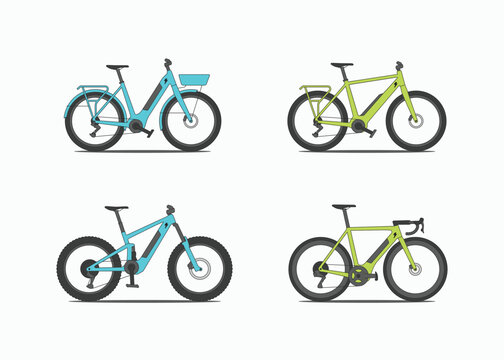 E bike colorful cartoon style icons set. Electric city bike, modern bicycle symbol logo icon vector illustration