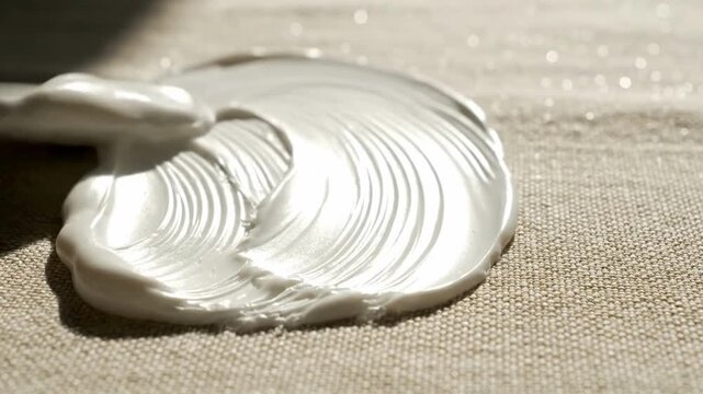 Abstract close-up of thick white cream or paste being spread on textured beige fabric in a minimalist style, white and neutral colors, representing smooth texture and creative beginning with copy spac