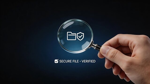 Hand holding magnifying glass examining secure file icon with shield symbol on dark background digital verification concept for cybersecurity data protection and authenticated document compliance