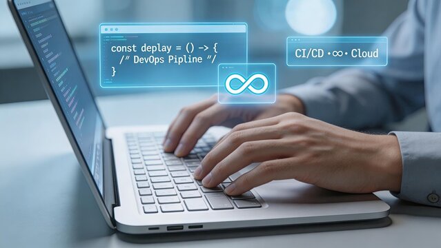 Developer hands coding DevOps pipeline on laptop with CICD cloud interface continuous integration software engineering concept modern IT infrastructure automation and deployment workflow technology