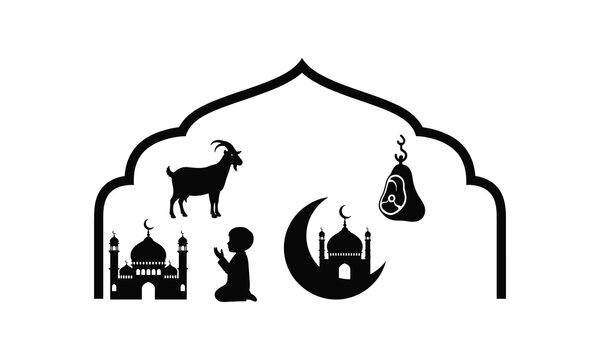 Eid al adha muslim celebration vector silhouette illustration with islamic arch and symbols