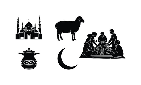 Eid al adha vector silhouette illustration, muslim family eating, sheep, crescent moon
