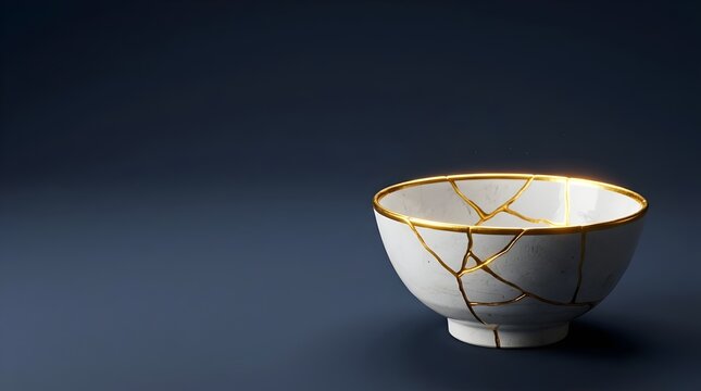White bowl repaired with gold Kintsugi, a visual metaphor for resilience, healing, and post-traumatic growth at work.