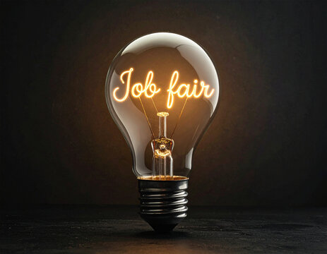 Glühbirne mit einem Glühdraht das aussieht wie das Wort " Job fair"