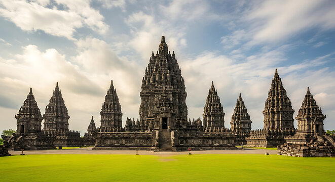 Ancient religious site in Yogyakarta with tall Hindu temple spires