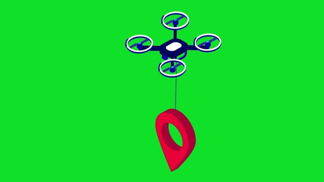 A 3D isometric animation of a delivery drone carrying a red GPS pin 4K stock animation video on green screen for chroma key background in video editing.