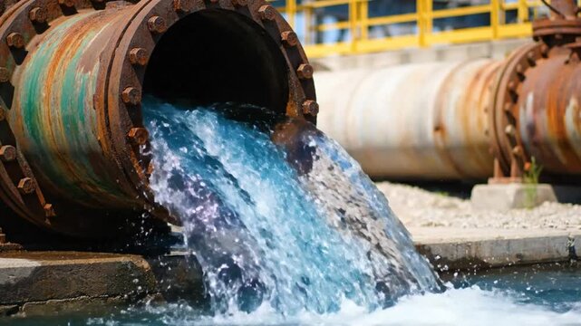 Industrial wastewater discharge of clear blue liquid from rusty metal pipe into a body of water creating pollution.