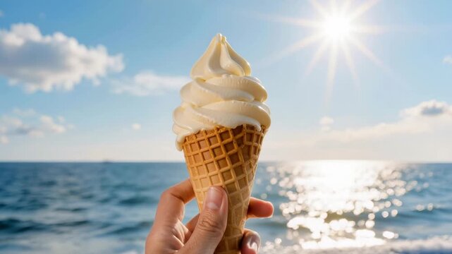 Hand holding creamy vanilla ice cream in waffle cone against sunny seaside with sparkling water and blue sky, representing summer refreshment, leisure, and sweet indulgence.
