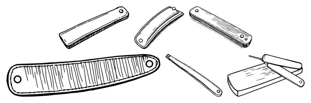 Razor strop set with clean black line art design featuring shaving tools, grooming accessories, barber shop equipment with leather texture and white background