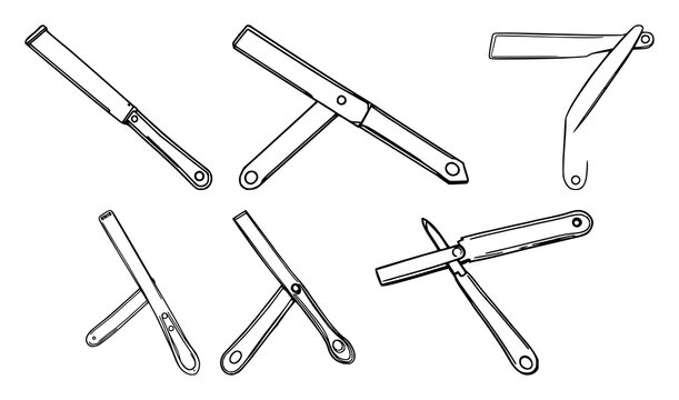 Razors set with black line art of an open straight razor on a white background featuring men's grooming, barber tools, shaving with detail and precision