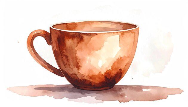 Empty Coffee Cup Watercolor Illustration Isolated on White Background, Painted Ceramic Mug Mockup for Cafe Branding and Kitchen Design, Artistic Brown Tea Cup Sketch 