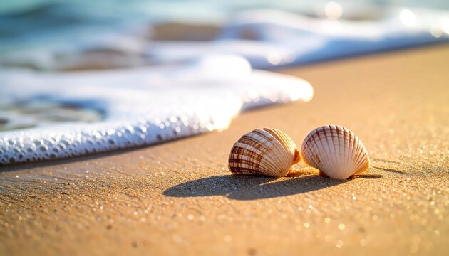 Two Beautiful Sea Shells Resting on Golden Sand at Sunset, Summer Beach Background with Soft Ocean Waves and Sunlight, Coastal Nature Landscape for Tropical Vacation and Travel Design