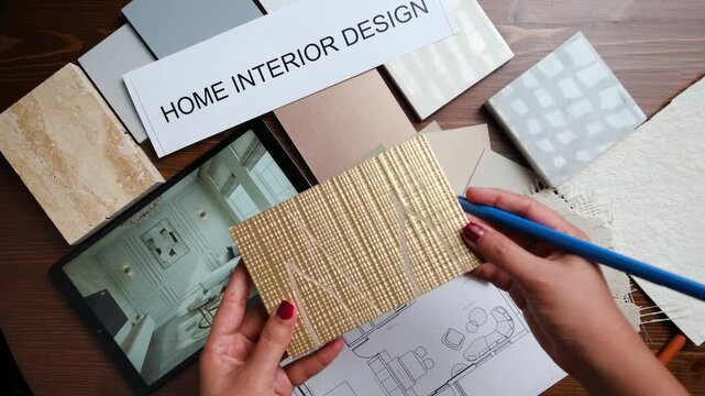 Interior designer working with samples, textures and layout plans for modern home design
