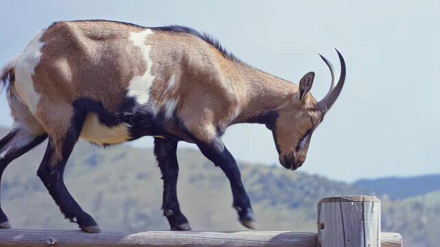Goat walking gracefully along a wooden fence rail in a mountainous landscape, showcasing its agility and balance in a natural outdoor setting