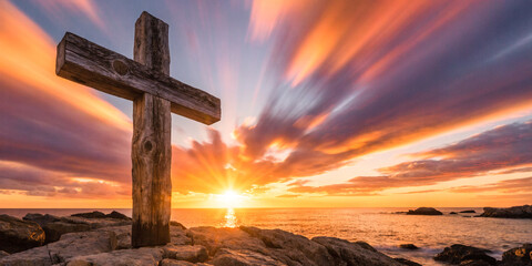 Obraz premium Wooden Cross at Sunset. Crucifixion of Jesus Christ.