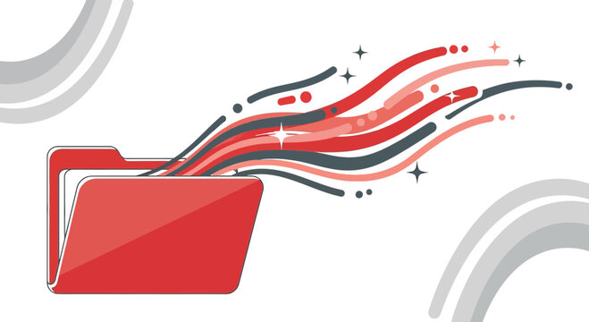 Creative red folder bursts open with dynamic streams of data lines and sparkling dots