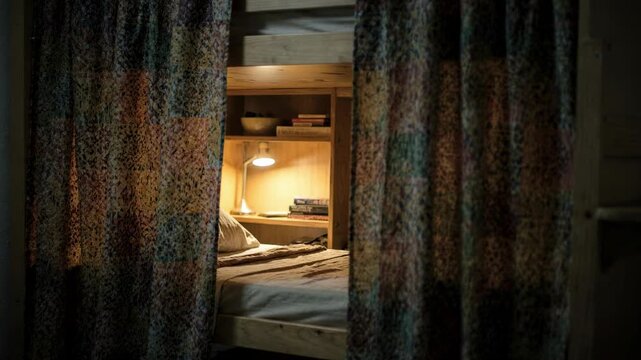 Softfocus shelving and a glowing reading light frame a dorm bunk bed with vibrant patterned curtains drawing attention to the privacy fabric in sharp focus.