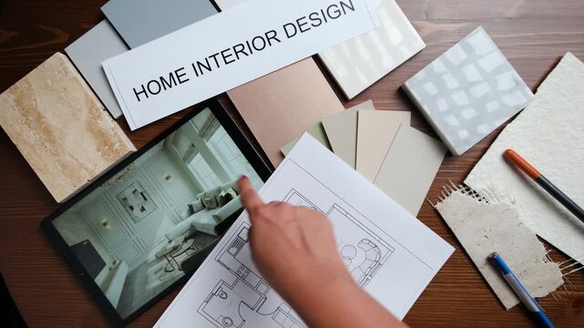 designer working on Home renovation planning with color palette, material selection and floor plan design