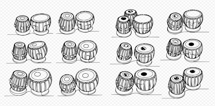 Set of hand-drawn Indian Tabla drums in various arrangements, black and white sketch style.