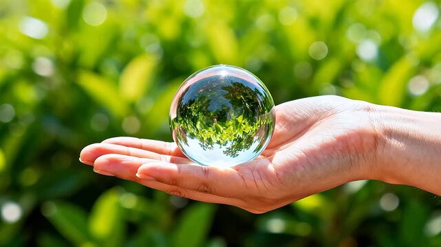 Hand holding glass sphere with green background