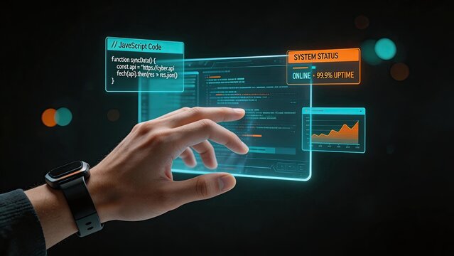 Futuristic hand interacting with holographic interface displaying JavaScript code and system status cyber security digital data analysis smart watch high tech software development coding