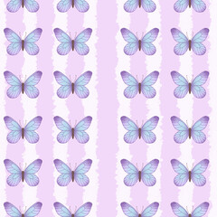 Fototapeta premium Purple Butterflies Seamless Pattern on Striped Pink Background For Textile, fabric, home decoration, wrapping paper