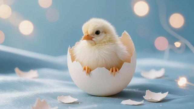 Small fluffy chick emerging from cracked eggshell on soft blue fabric with glowing bokeh lights, representing new life, birth, spring renewal, and gentle Easter symbolism.