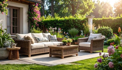 Obraz premium Beautifully decorated outdoor patio with comfortable wicker furniture and lush green garden.