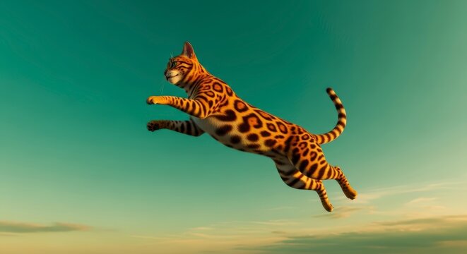 Leopard jumping through the air freely.