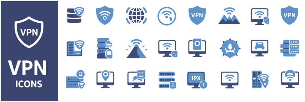 Collection of various blue VPN icons for secure internet browsing and online protection services.