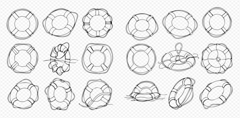 Set of hand-drawn lifebuoys and life rafts in various shapes and conditions, safety equipment for water rescue. © Lunara Arts