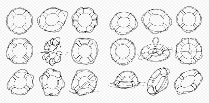 Set of hand-drawn lifebuoys and life rafts in various shapes and conditions, safety equipment for water rescue.