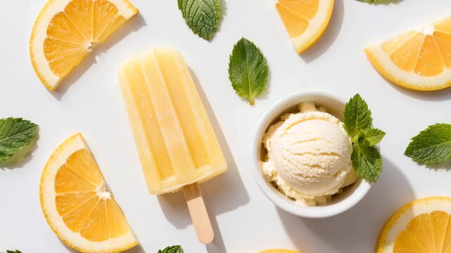 Vanilla ice cream scoop and citrus popsicle with fresh orange slices and mint leaves arranged on a white background, creating a bright, refreshing summer dessert composition.