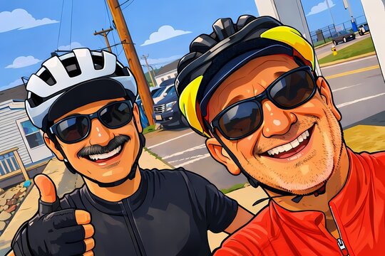 Two happy and excited cyclists wearing helmets and sunglasses smiling to a headshot of the day they did the best ride ever.