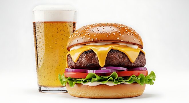 A juicy cheeseburger and a cold beer on a white background