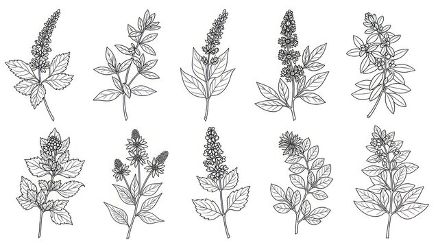 Detailed botanical illustrations of various flowering plant sprigs in a line art style
